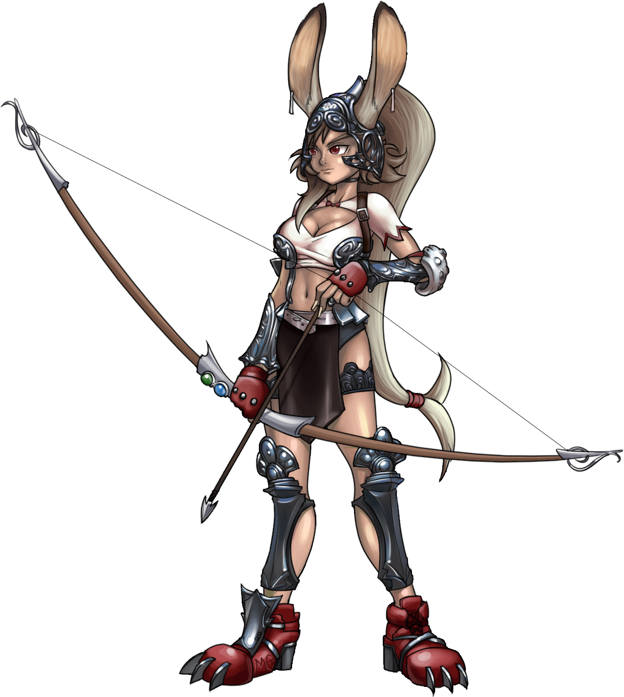 1girl animal_ears ankle_boots armor arrow_(projectile) belt black_panties boots bow_(weapon) breasts choker cleavage cleavage_cutout clothing_cutout cosplay crop_top dark-skinned_female dark_skin earrings ears_through_headwear elbow_pads female_focus final_fantasy final_fantasy_vii final_fantasy_xii fingerless_gloves fran_(ff12) full_body fusion gloves greaves helmet high_ponytail highres jewelry large_breasts loincloth long_hair mario_grant midriff panties ponytail rabbit_ears red_eyes silver_hair solo square_enix tan thighlet tifa_lockhart tifa_lockhart_(cosplay) transparent_background underwear vambraces viera weapon