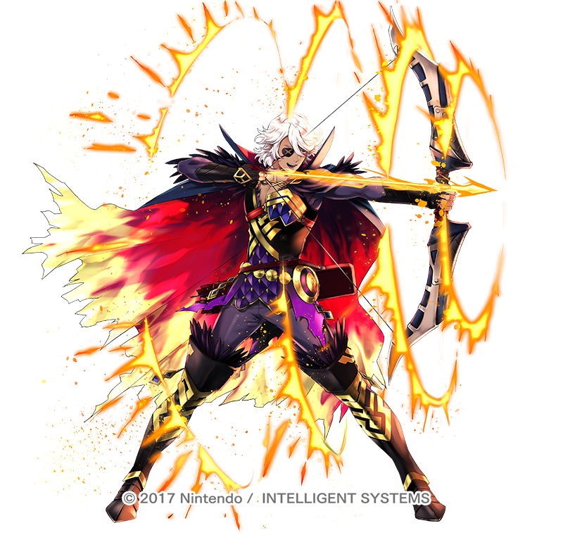 1boy 2017 aiming arrow_(projectile) black_footwear blue_eyes boots bow_(weapon) copyright_name eyepatch feather_trim fire_emblem fire_emblem_fates fire_emblem_heroes flame_print flaming_arrow hair_between_eyes holding holding_bow_(weapon) holding_weapon knee_boots male_focus niles_(fire_emblem) niles_(resplendent)_(fire_emblem) nintendo official_alternate_costume official_art suekane_kumiko two-tone_cape weapon white_hair