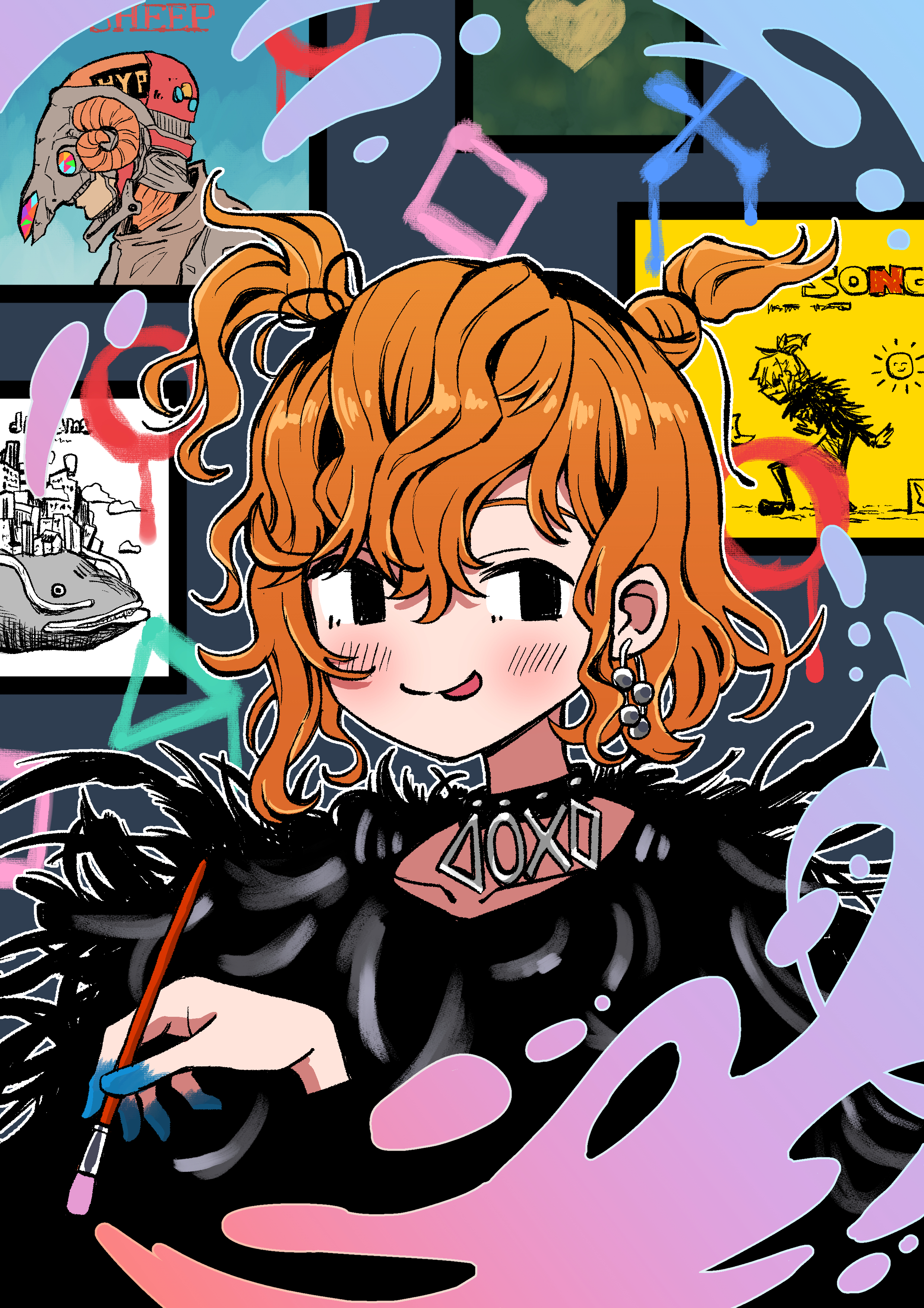 1boy :p absurdres black_eyes blush chun_1234567 collar earrings highres holding holding_paintbrush jewelry male_focus orange_hair paintbrush smile solo tongue tongue_out two_side_up yonezu_kenshi_(person)