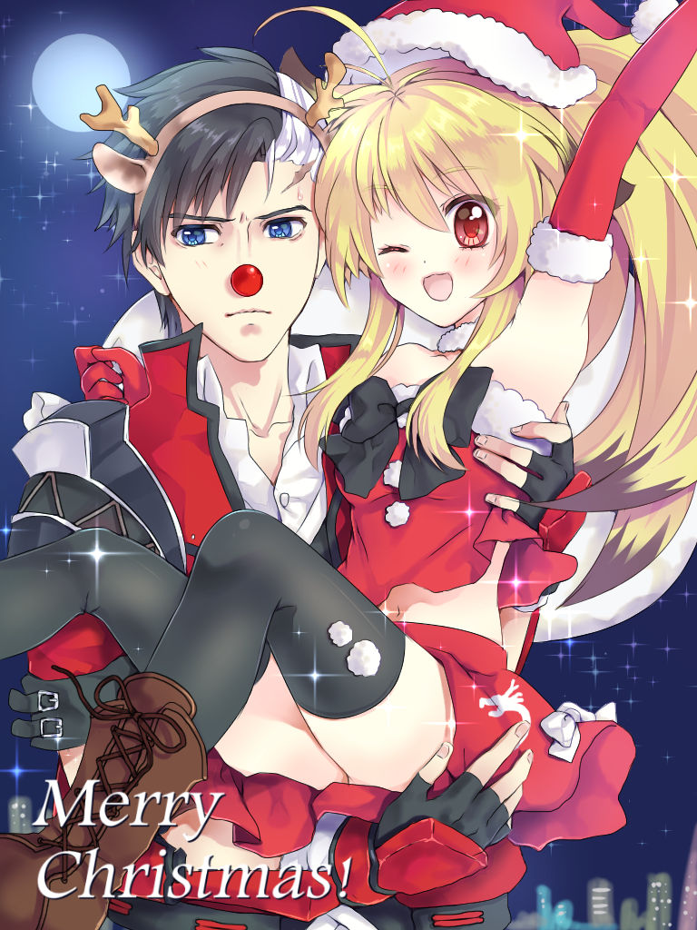 1boy 1girl ahoge animal_costume animal_ear_hairband animal_ears antlers arisu_reiji arm_belt arm_up belt_buckle black_hair black_thighhighs blonde_hair blue_eyes boots breasts brown_boots buckle christmas collarbone cosplay deer_ears dress english_text eri. fake_animal_ears fingerless_gloves fingernails full_moon fur-trimmed_dress fur-trimmed_gloves fur-trimmed_headwear fur_trim gloves hair_between_eyes hairband hat hetero holding holding_sack horns light_blush merry_christmas moon multicolored_hair namco_x_capcom night night_sky one_eye_closed ponytail red_dress red_eyes red_gloves red_hat reindeer_antlers reindeer_costume rudolph_the_red_nosed_reindeer rudolph_the_red_nosed_reindeer_(cosplay) sack santa_costume santa_dress santa_hat short_hair sidelocks sky skyline small_breasts sparkle thighhighs two-tone_hair very_short_hair white_hair xiaomu