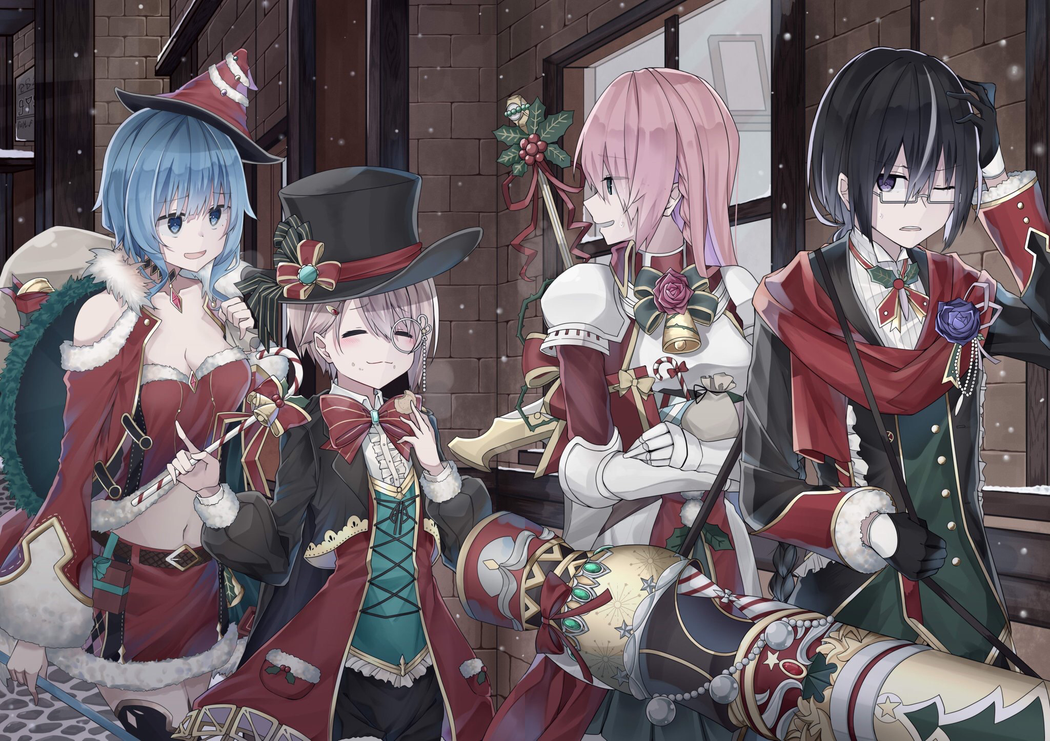 1boy 3girls adah_(seiya)_(grimms_notes) annoyed armor bare_shoulders black_gloves black_hair black_jacket black_shorts blue_eyes blue_hair breastplate breasts brown_hair christmas cleavage closed_eyes closed_mouth clovis_(seiya)_grimms_notes collared_shirt cowboy_shot cropped_jacket eating fam_(seiya)_(grimms_notes) flower food glasses gloves green_skirt grimms_notes hat highres holding holding_cannon holding_food holding_wand holding_weapon iumi_urura jacket light_blush medium_breasts monocle multiple_girls navel one_eye_closed open_mouth pink_hair pleated_skirt purple_flower purple_rose red_hat red_scarf red_skirt rose scarf shirt shorts skirt smile snowing sweatdrop teeth third_(seiya)_(grimms_notes) walking wand weapon white_armor white_shirt white_streaks window
