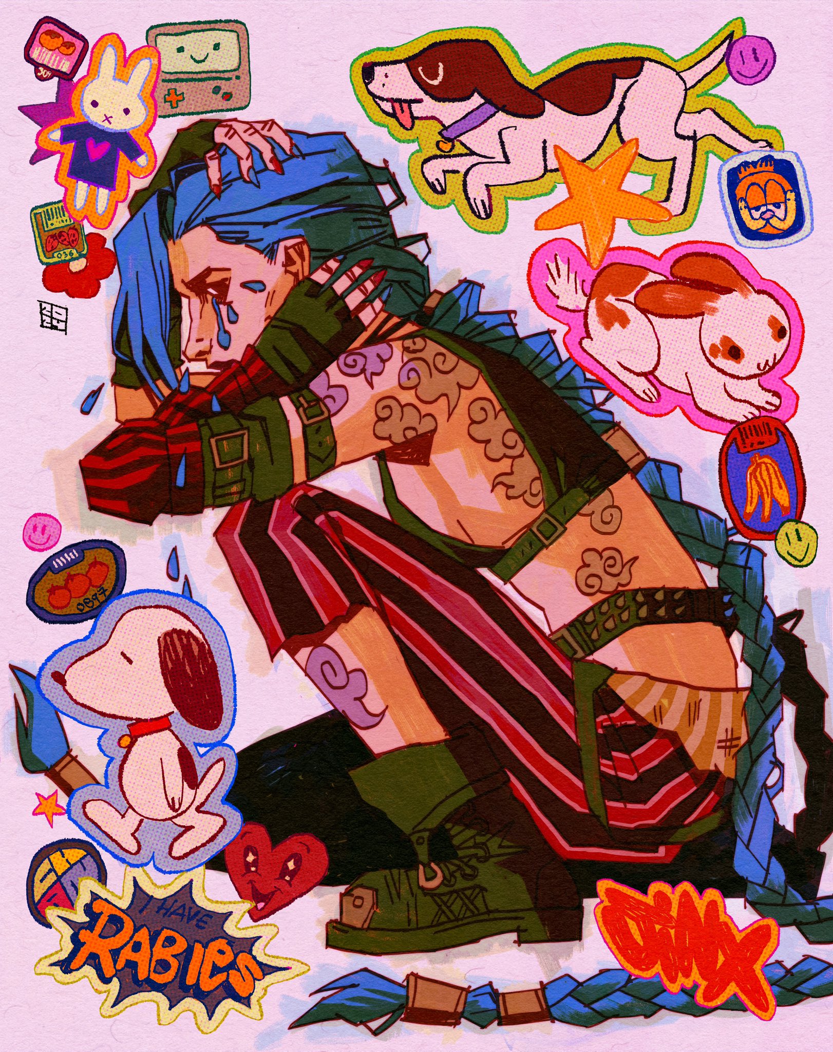 1girl arcane:_league_of_legends arm_tattoo beemo belt blue_hair boots braid chan_(flesh.png) cloud_tattoo crying dog fingerless_gloves from_side gloves hand_on_own_head highres jinx_(league_of_legends) league_of_legends long_hair pants rabbit shoulder_tattoo snoopy solo squatting sticker striped_clothes striped_pants tattoo tears teemo twin_braids
