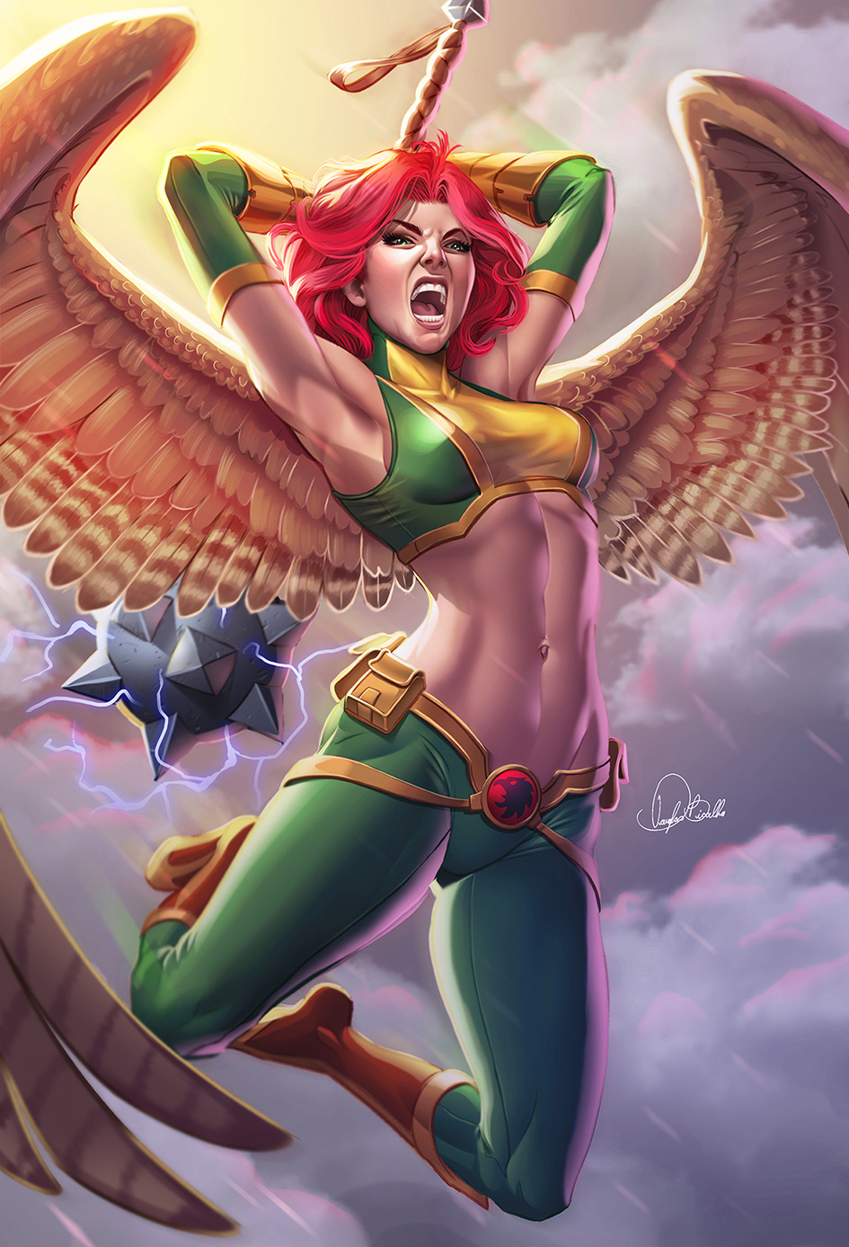 1girl angry armpits arms_up boots brown_wings cloud dc_comics douglas_bicalho elbow_gloves electricity feathered_wings flying gloves green_gloves green_pants hawkgirl highres holding holding_mace holding_weapon mace navel open_mouth pants red_hair shayera_hol signature solo spiked_mace spikes teeth two-tone_gloves weapon wings yellow_boots yellow_gloves