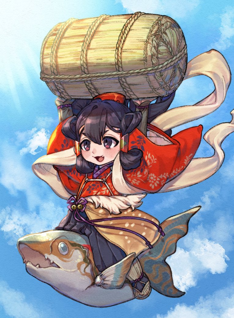 1girl black_eyes black_hair blue_sky blush commentary_request fang fish flying_fish japanese_clothes kainan kimono open_mouth red_kimono sakuna-hime sky smile solo sunlight tensui_no_sakuna-hime