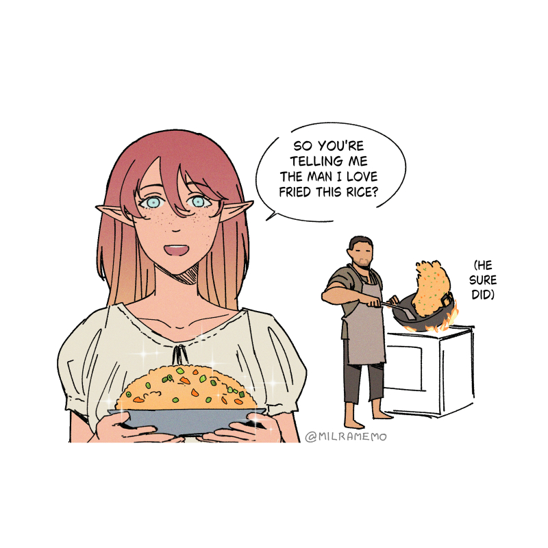 1boy 1girl :d apron barefoot black_pants blue_eyes brown_hair brown_shirt buzz_cut english_text food freckles fried_rice fried_rice_prank_(meme) grey_apron grey_shirt hair_between_eyes holding holding_plate long_hair meme milramemo nelyne_(milramemo) open_mouth original pants plate pointy_ears shirt short_hair short_sleeves shrimp_fried_this_rice_(meme) simple_background smile twitter_username upper_body very_short_hair white_background