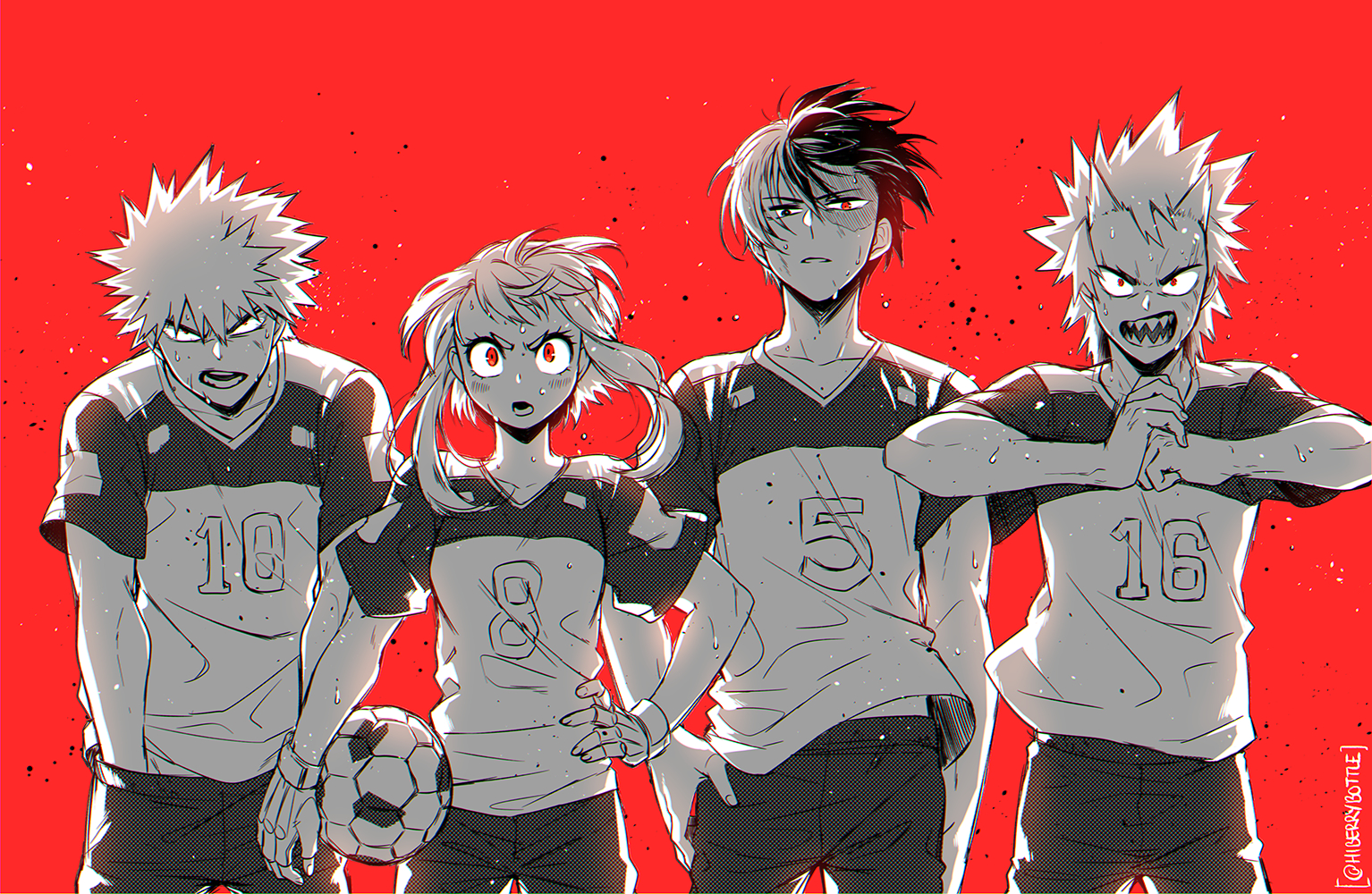 1girl 3boys alternate_costume alternate_eye_color arm_at_side backlighting bakugou_katsuki ball black_eyes bloodshot_eyes bloom blush boku_no_hero_academia burn_scar carrying carrying_under_arm clothes_lift collarbone commentary cracking_knuckles determined eyelashes fingerless_gloves fist_in_hand floating_clothes floating_hair furrowed_brow gloves greyscale_with_colored_background hair_between_eyes hand_on_own_hip hand_under_clothes hands_up heterochromia kirishima_eijirou looking_at_viewer lowah lower_teeth_only multicolored_hair multiple_boys number_print open_mouth parted_lips red_background red_eyes sanpaku scar scar_across_eye scar_on_face screentones serious sharp_teeth shirt_lift short_eyebrows short_hair sidelocks simple_background soccer_ball soccer_uniform spiked_hair split-color_hair sportswear standing straight-on straight_hair sweat teeth todoroki_shouto twitter_username two-tone_hair upper_body uraraka_ochako v-neck v-shaped_eyebrows