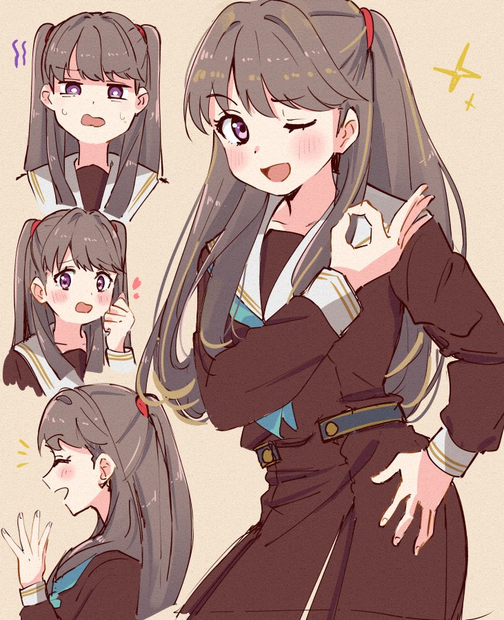 1girl :d ;d ^_^ aqua_neckerchief bright_pupils brown_background brown_dress brown_hair closed_eyes collarbone commentary cowboy_shot dress film_grain fujishima_megumi gloom_(expression) hand_on_own_hip hasu_no_sora_school_uniform heart link!_like!_love_live! long_hair long_sleeves looking_at_viewer love_live! multiple_views neckerchief notice_lines ok_sign one_eye_closed open_mouth peanut_mouth pleated_dress profile purple_eyes sailor_collar sailor_dress school_uniform skt_(ryxxxxx) smile sparkle sweat two_side_up virtual_youtuber white_pupils white_sailor_collar winter_uniform