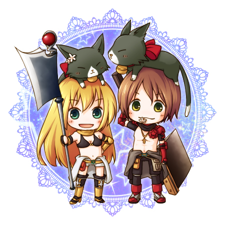 1boy 1girl animal animal_on_head armor armored_boots axe bikini bikini_top_only black_bikini black_cat black_gloves black_pants blonde_hair boots breasts brown_hair cat cat_on_head chibi chibi_only cleavage closed_mouth commentary_request elbow_gloves fingerless_gloves full_body gloves green_eyes grey_jumpsuit holding holding_axe jumpsuit jumpsuit_around_waist long_hair looking_at_viewer lowres mechanic_(ragnarok_online) medium_breasts navel on_head open_mouth pants pauldrons ragnarok_online red_armor ren_(totoki) short_hair shoulder_armor shrug_(clothing) smile standing swimsuit vambraces white_background white_jumpsuit yellow_armor
