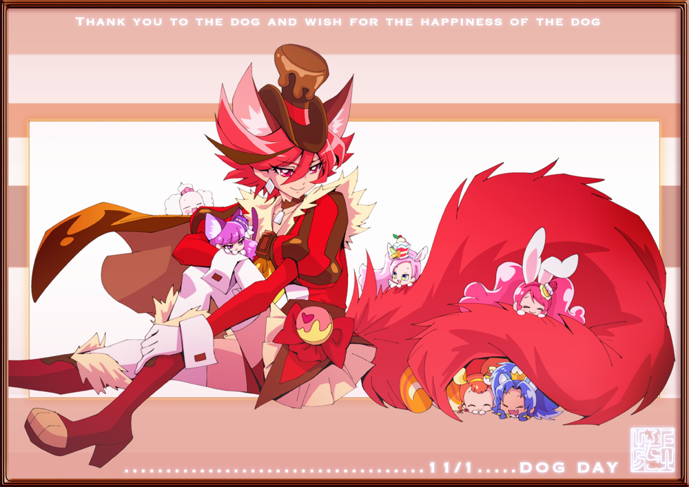 6+girls animal_ears arisugawa_himari artist_logo blue_hair boots border brooch brown_border brown_cape brown_choker cape chocolate choker closed_eyes commentary_request crown cure_chocolat cure_custard cure_gelato cure_macaron cure_parfait cure_whip earrings english_text eyelashes food food-themed_hair_ornament gloves gold_crown hair_ornament hairband happy hat high_heel_boots high_heels jewelry juliet_sleeves kamikita_futago kenjou_akira kirahoshi_ciel kirakira_precure_a_la_mode kotozume_yukari logo long_hair long_sleeves looking_at_another macaron macaron_hair_ornament magical_girl multicolored_hair multiple_girls pink_hair precure puffy_sleeves purple_eyes purple_hair red_eyes red_hair short_hair size_difference smile spiked_hair stamp_mark streaked_hair tail tategami_aoi top_hat twintails two-tone_hair usami_ichika white_gloves