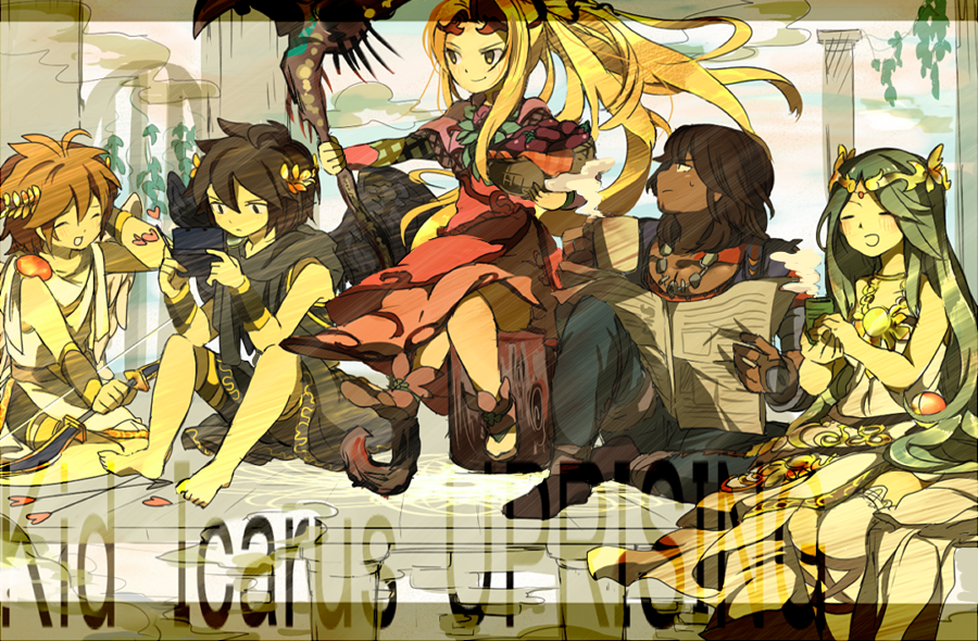 2girls 3boys angel angel_wings arrow_(projectile) barefoot black_hair blonde_hair blush bow brown_hair coffee_mug cup dark_pit dark_skin eggplant closed_eyes fingerless_gloves gloves green_hair handheld_game_console heart kid_icarus kid_icarus_uprising long_hair magnus_(kid_icarus) mug multiple_boys multiple_girls viridi newspaper nintendo nintendo_3ds open_mouth palutena pillar pit_(kid_icarus) sitting wings