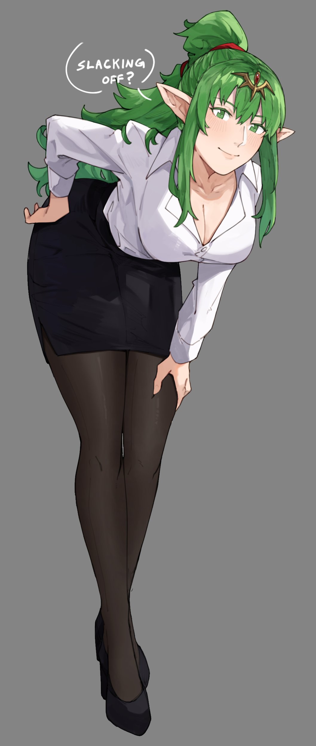 1girl absurdres alternate_costume bent_over breasts english_text fire_emblem fire_emblem_awakening formal_clothes green_eyes green_hair highres large_breasts long_hair nintendo office_lady pantyhose pencil_skirt pointy_ears ponytail sakuremi skirt skirt_suit smile solo suit tiki_(adult)_(fire_emblem) tiki_(fire_emblem) very_long_hair