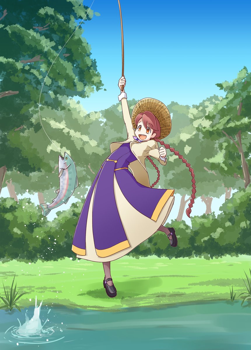 1girl apocalypse_hotel arm_up blue_sky braid brown_eyes brown_hair bush clenched_hand commentary cropped_jacket dress fish fishing fishing_line fishing_rod full_body grass happy hat highres holding holding_fishing_rod jacket juliet_sleeves long_dress long_hair long_sleeves looking_at_animal mary_janes nature open_mouth outdoors puffy_sleeves purple_dress scarf shoes sky sleeve_cuffs smile solo standing standing_on_one_leg straw_hat swept_bangs ten_agune tree twin_braids twintails very_long_hair water white_jacket yachiyo_(apocalypse_hotel)