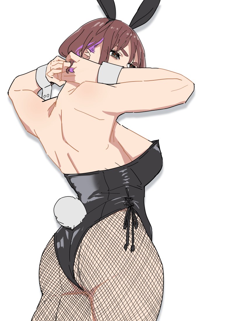 1girl animal_ears ass black_leotard character_request copyright_request exocet_(exocet4) fake_animal_ears fake_tail fishnet_pantyhose fishnets from_behind leotard pantyhose playboy_bunny rabbit_ears rabbit_tail simple_background strapless strapless_leotard tail white_background wrist_cuffs