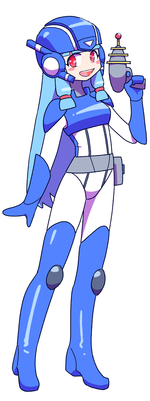 1girl blue_boots blue_gloves blue_hair bodysuit boots commentary_request full_body gloves helmet highres konami_wai_wai_world kotonoha_aoi long_hair looking_at_viewer open_mouth red_eyes shoulder_pads sidelocks simple_background smile solo standing thigh_boots ukiwagirl voiceroid white_background white_bodysuit