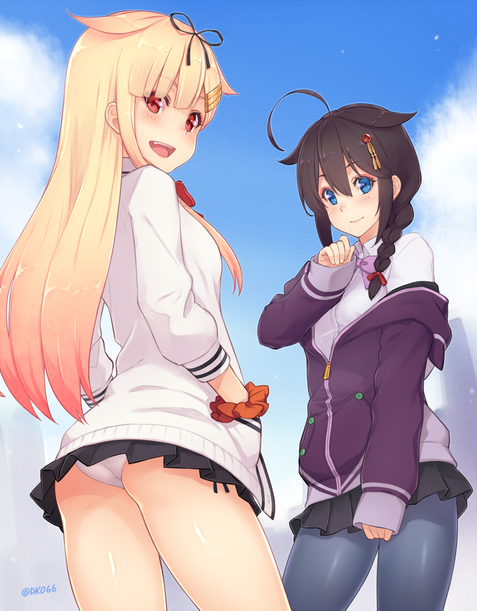 2girls :d ahoge ass black_hair black_pantyhose black_ribbon black_skirt blonde_hair blouse blue_eyes blush bow bowtie braid braided_ponytail cardigan casual closed_mouth cloud collared_shirt commentary_request cosplay dan_(kumadan) day eyelashes fangs from_below gradient_hair gridman_universe hair_between_eyes hair_flaps hair_ornament hair_over_shoulder hair_ribbon hairclip hands_in_pockets highres jacket kantai_collection long_hair long_sleeves looking_at_viewer looking_back looking_down microskirt miniskirt multicolored_hair multiple_girls off_shoulder open_mouth orange_scrunchie outdoors panties pantyhose pantyshot partially_unzipped pink_bow pink_hair pink_neckwear pleated_skirt purple_bow purple_jacket red_bow red_eyes red_neckwear red_ribbon revision ribbon school_uniform scrunchie shigure_(kancolle) shinjou_akane shinjou_akane_(cosplay) shiny_skin shirt simple_background single_braid skirt sleeves_past_wrists smile ssss.gridman standing takarada_rikka takarada_rikka_(cosplay) twitter_username underwear white_panties white_shirt wing_collar wrist_scrunchie yuudachi_(kancolle) zipper_pull_tab