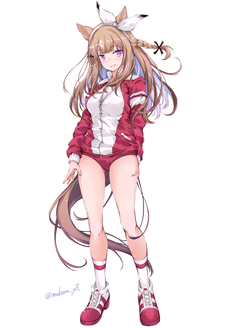 1girl almond_eye_(umamusume) animal_ears brown_hair buruma full_body horse_ears horse_girl horse_tail jacket long_hair long_sleeves multicolored_hair multicolored_jacket parted_lips red_buruma red_shoes shoes simple_background socks solo standing sweat tail thighs twitter_username two-tone_jacket umamusume white_background white_socks yumesato_makura
