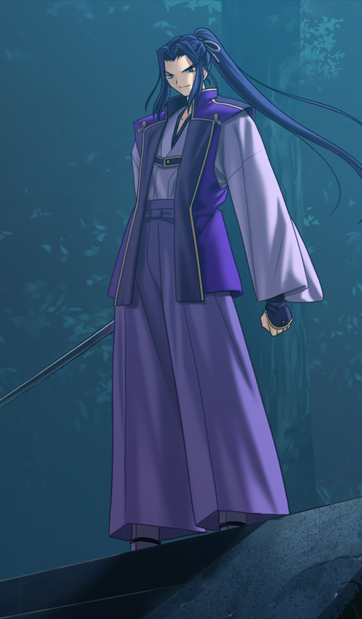 &gt;:) 1boy armor clenched_hand closed_mouth commentary curtained_hair fate/grand_order fate/stay_night fate_(series) feet_out_of_frame hair_tie hakama hakama_pants holding holding_sword holding_weapon japanese_clothes jinbaori katana kimono long_hair long_sleeves looking_down male_focus monohoshizao_(fate) night official_art outdoors pants purple_eyes purple_hair purple_hakama purple_kimono purple_socks sasaki_kojirou_(fate) sidelocks smile socks solo stairs standing sword tabi takeuchi_takashi third-party_source v-shaped_eyebrows weapon