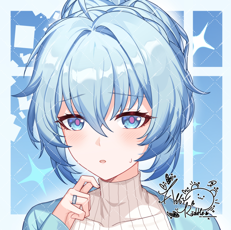 1girl abby_riddle aged_up artist_logo blue_eyes blue_hair blue_jacket chinese_commentary commentary_request commission covered_collarbone hand_up honkai_(series) honkai_impact_3rd jacket jewelry logo looking_at_viewer parted_lips portrait purple_pupils ribbed_shirt ring shigure_kira shirt short_hair solo sweatdrop turtleneck turtleneck_shirt white_shirt