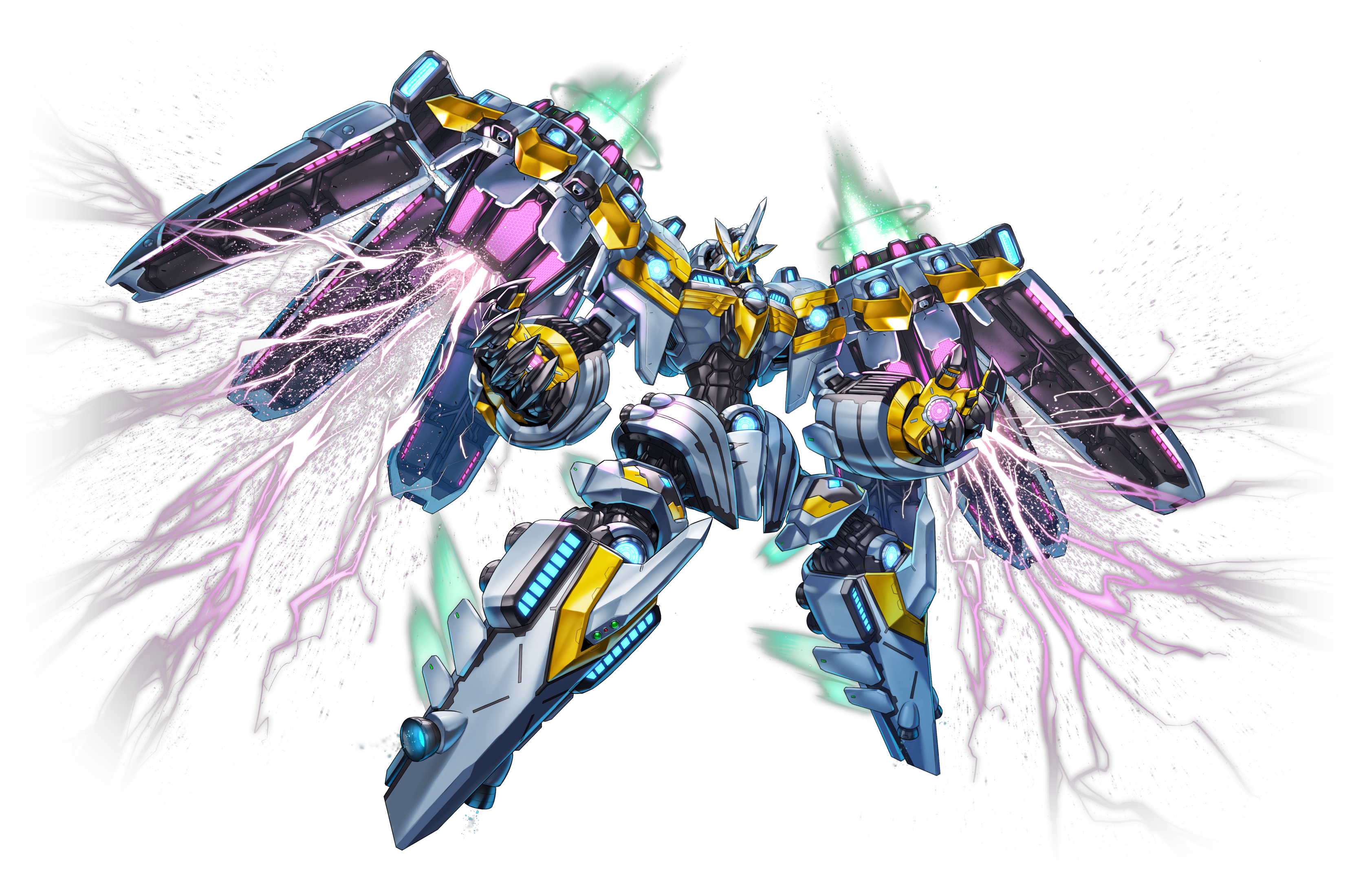 absurdres anonymous_(yu-gi-oh!) divine_arsenal_aa-zeus_-_sky_thunder duel_monster full_body game_cg highres joints lightning looking_at_viewer mecha no_humans non-web_source official_art robot robot_joints solo stitched third-party_edit thrusters transparent_background yu-gi-oh! yu-gi-oh!_master_duel