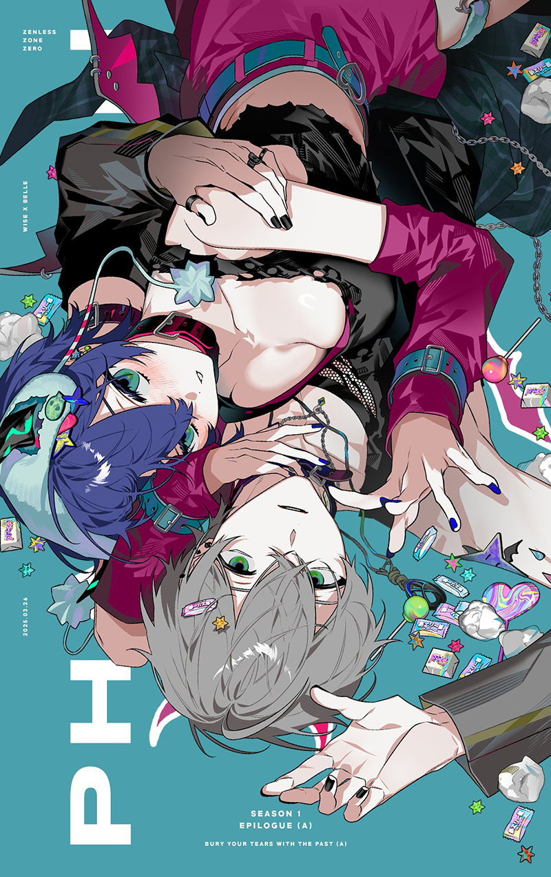 1boy 1girl alternate_costume arm_up belle_(zenless_zone_zero) belt belt_collar black_nails black_shirt blue_belt blue_hair blush breast_press breasts brother_and_sister candy cleavage collar commentary cover detached_sleeves ear_piercing fake_magazine_cover food green_background green_eyes grey_hair highres jewelry looking_at_viewer lying magazine_cover medium_breasts multiple_rings mzet necklace on_back parted_lips piercing purple_nails purple_skirt purple_sleeves ring shirt short_hair siblings skirt upside-down wise_(zenless_zone_zero) zenless_zone_zero
