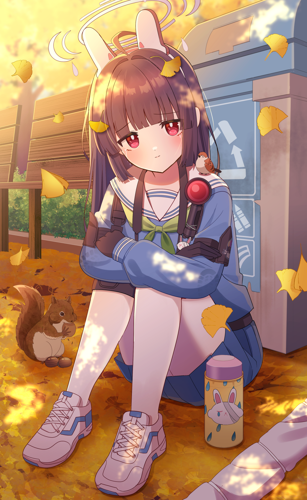 1girl animal_ears bird black_hair blue_archive blush crying crying_with_eyes_open fake_animal_ears ginkgo_tree halo highres leaf leaf_on_head long_hair long_sleeves looking_at_viewer miyu_(blue_archive) mizuki_(lvo0x0ovl) pantyhose rabbit_ears red_eyes school_uniform serafuku shirt shoes skirt solo squirrel tears white_pantyhose