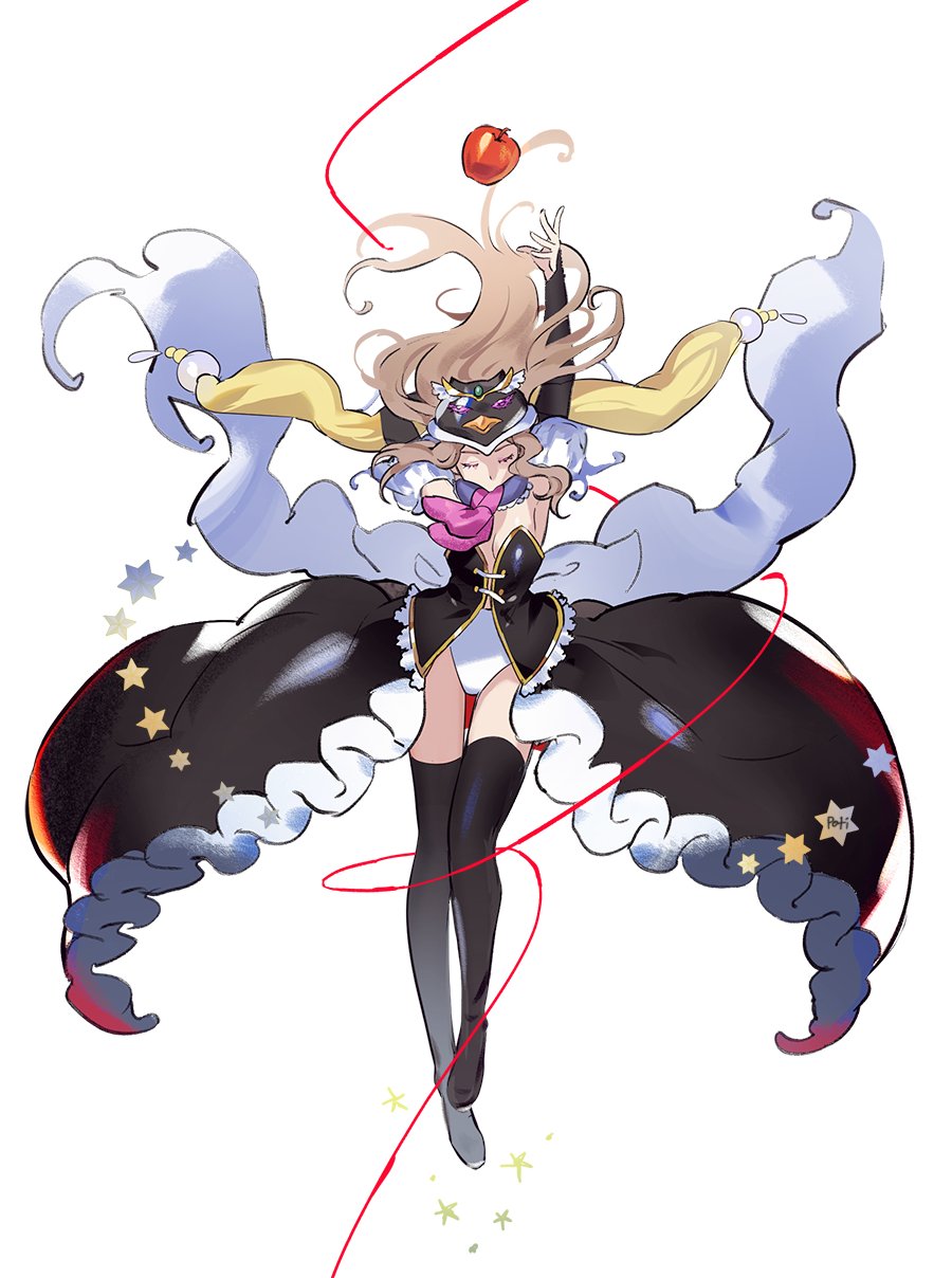 1girl animal_hat apple bare_shoulders bird black_thighhighs boots brown_hair closed_eyes elbow_gloves food fruit full_body gloves hat highres long_hair long_legs mawaru_penguindrum mogyus penguin pink_eyes princess_of_the_crystal purple_eyes solo standing takakura_himari thigh_boots thighhighs