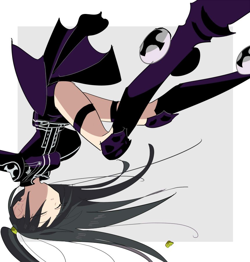 1girl armored_boots badge belt black_boots black_coat black_hair black_shorts black_skirt boots closed_eyes coat collared_coat d.gray-man floating floating_hair hair_ornament hairclip legs lenalee_lee long_hair long_legs shorts skirt solo striped_coat thigh_strap thighs twintails untying_hair upside-down xmori_6