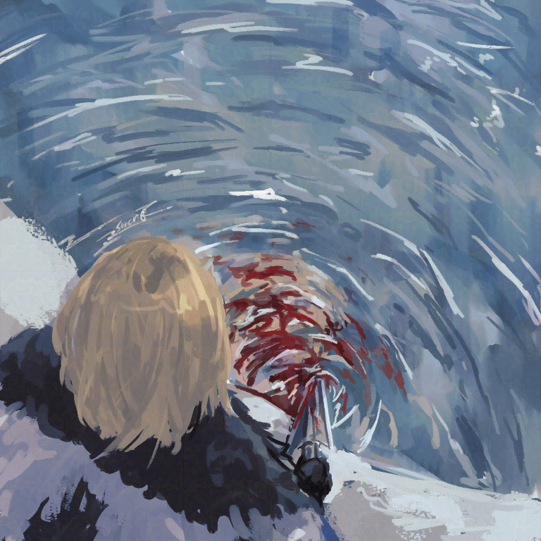 1boy black_fur blonde_hair blood blood_in_water commentary_request dimitri_alexandre_blaiddyd dimitri_alexandre_blaiddyd_(timeskip) fire_emblem fire_emblem:_three_houses from_above holding holding_polearm holding_weapon male_focus nintendo polearm reflection reflective_water ripples ruminasu_sora snow solo water weapon white_fur