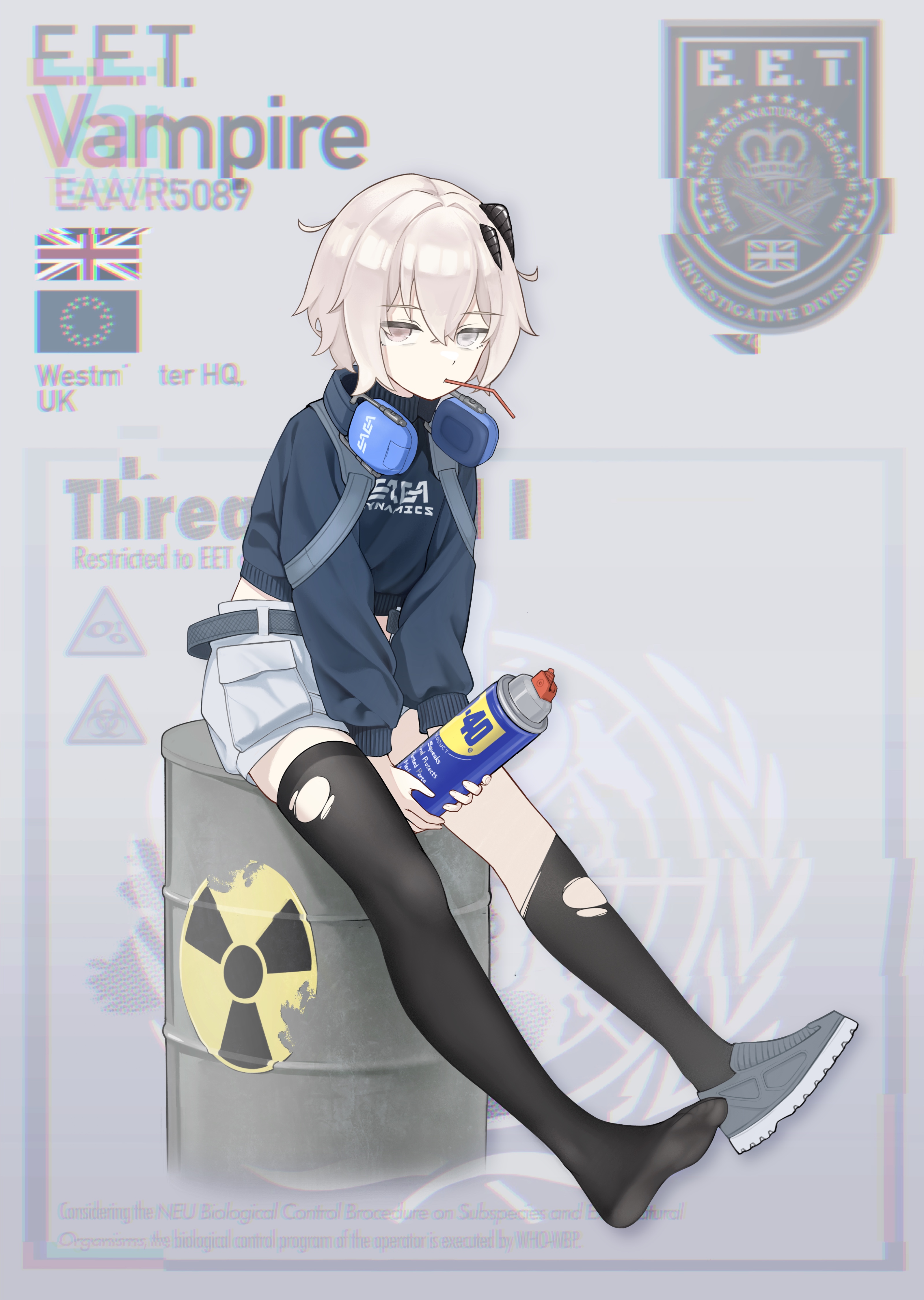 1girl absurdres aerosol barrel belt belt_buckle biohazard_symbol black_belt black_sweater black_thighhighs buckle can cargo_shorts character_name chest_harness closed_mouth clothes_writing commentary drinking_straw drinking_straw_in_mouth ear_protection english_commentary english_text feet fingernails flag full_body glitch gradient_background grey_background grey_eyes grey_hair grey_shoes hair_ornament harness heterochromia highres holding holding_can jerry_wang long_sleeves original pink_eyes radiation_symbol shoes short_hair shorts sign simple_background single_shoe sitting skindentation soles solo spray_can sweater thighhighs toes torn_clothes torn_thighhighs turtleneck turtleneck_sweater union_jack united_kingdom warning_sign wd-40 white_hair white_shorts