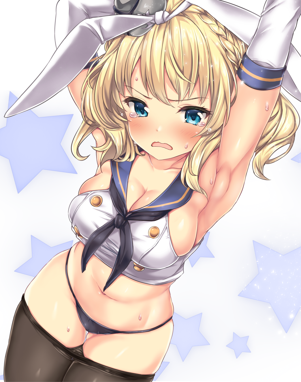 1girl armpits arms_up bad_id bad_nicoseiga_id black_neckerchief black_panties black_pantyhose blonde_hair blue_eyes blush braid breasts capelet clothes_pull colorado_(kancolle) commentary_request cosplay cowboy_shot crop_top crying crying_with_eyes_open elbow_gloves female_focus french_braid gloves hair_ribbon hairband highres kantai_collection large_breasts looking_at_viewer navel neckerchief necktie nijimoto_hirok open_mouth panties pantyhose pantyhose_pull ribbon sailor_collar school_uniform serafuku shimakaze_(kancolle) shimakaze_(kancolle)_(cosplay) short_hair sidelocks skindentation solo star_(symbol) sweat tears underwear white_gloves white_ribbon