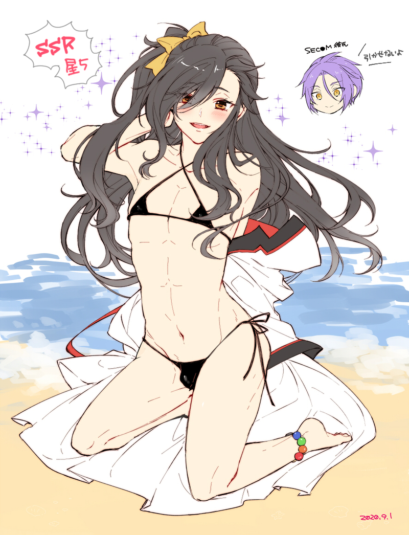 2boy ankle_bracelets bikini black_hair blush brown_eyes bulge crossdressing hair_ribbon julius_juukulius knight_uniform looking_at_viewer natsuki_subaru natsumi_schwarz navel purple_hair re:zero_kara_hajimeru_isekai_seikatsu ribbon side_ponytail smile string_bikini swimsuit trap yellow_eyes