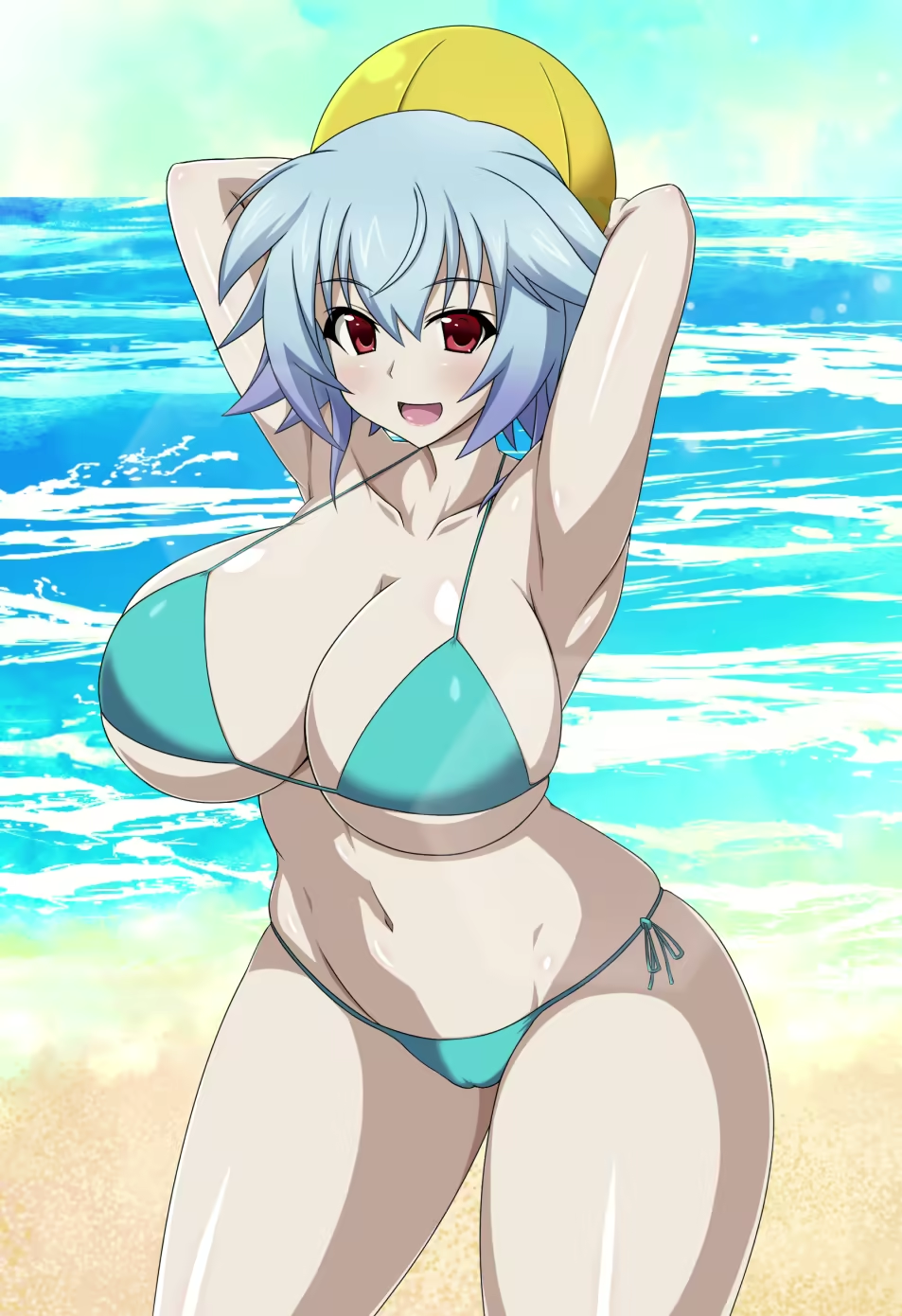 1girl aqua_bikini armpits arms_behind_head ball beach beachball bikini blue_hair breasts cleavage highres infinite_stratos large_breasts legs looking_at_viewer ocean open_mouth red_eyes sarashiki_tatenashi short_hair smile solo space_gorilla swimsuit thick_thighs thighs water