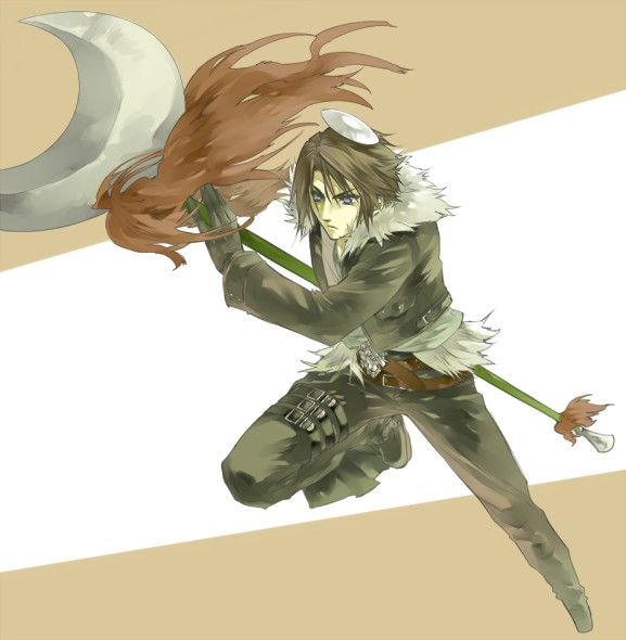 1boy belt belt_buckle black_belt black_footwear black_gloves black_jacket black_pants blue_eyes brown_background brown_belt brown_hair buckle commentary_request crescent cropped_jacket dated_commentary dissidia_final_fantasy fighting_stance final_fantasy final_fantasy_viii foreshortening full_body fur-trimmed_jacket fur_trim gloves hand_up hat hinokami holding holding_staff holding_weapon jacket jumping knee_up long_sleeves male_focus multiple_belts open_clothes open_jacket pants red_fur scar scar_on_face serious shirt short_hair solo squall_leonhart staff studded_belt thigh_strap v-neck weapon white_fur white_hat white_shirt