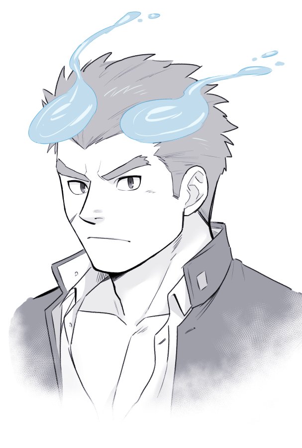 1boy blue_fire cropped_torso facial_scar fiery_horns fire forked_eyebrows frown gakuran greyscale hair_slicked_back horns looking_at_viewer male_focus monochrome oskn_tengoku pectoral_cleavage pectorals sakimori_toji scar scar_on_cheek scar_on_face school_uniform shirt short_hair solo spot_color thick_eyebrows tokyo_houkago_summoners