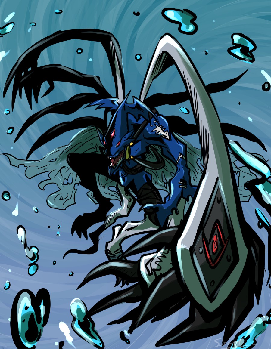 1boy artist_request claws demon digimon digimon_(creature) grin looking_at_viewer marindevimon open_mouth red_eyes shaded_face sharp_teeth simple_background smile teeth tentacles third_eye underwater water