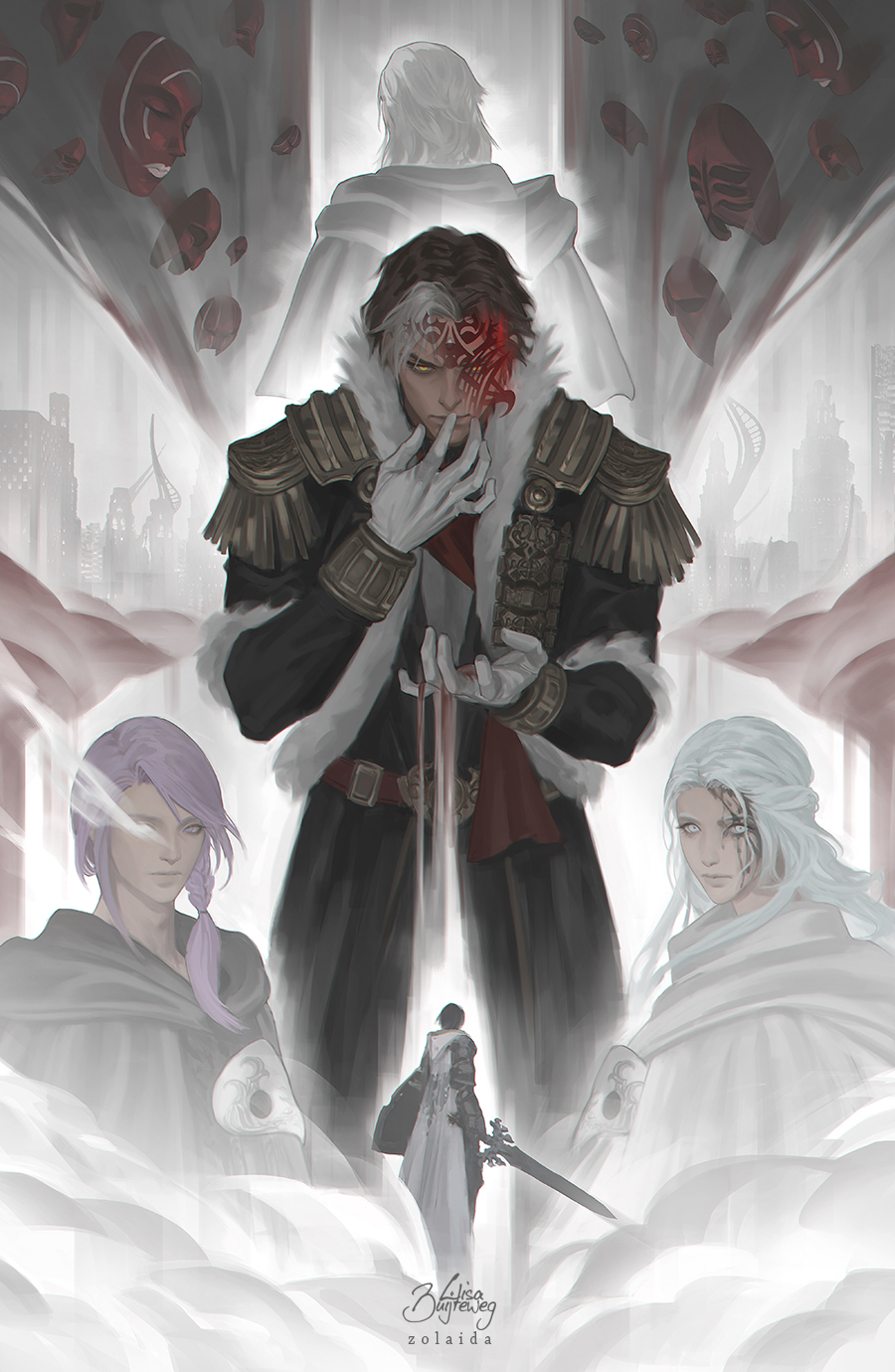 4boys adventurer_(ff14) artist_name back-to-back belt black_capelet black_coat blood blood_on_face braid brown_hair capelet coat commentary cowboy_shot dual_persona emet-selch english_commentary epaulettes final_fantasy final_fantasy_xiv fringe_trim fur-trimmed_coat fur_trim garlean gloves glyph hand_up highres holding holding_shield holding_sword holding_weapon hood hood_down hooded_capelet hythlodaeus lisa_buijteweg long_hair looking_at_viewer male_focus mask mask_around_neck medium_hair multicolored_hair multiple_boys paladin_(final_fantasy) purple_eyes purple_hair shield short_hair side_braid single_braid solo_focus standing sword two-tone_hair unworn_mask upper_body venat_(ff14) warrior_of_light_(ff14) weapon white_capelet white_eyes white_gloves white_hair yellow_eyes