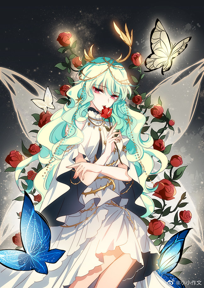 1girl aqua_hair bare_shoulders black_background blue_butterfly bug butterfly chuanyue_xiyuan_3000_hou clothing_cutout dress fairy_wings feet_out_of_frame flower glowing_butterfly gold_necklace hair_between_eyes halo head_chain holding holding_flower insect jewelry leaf light_particles long_hair looking_at_viewer mole mole_under_eye necklace parted_lips plant red_eyes red_flower red_rose rose short_sleeves shoulder_cutout sitting thorns two-sided_dress two-sided_fabric watermark wavy_hair weibo_watermark white_dress wide_sleeves wings xiao_xiao_zuowen