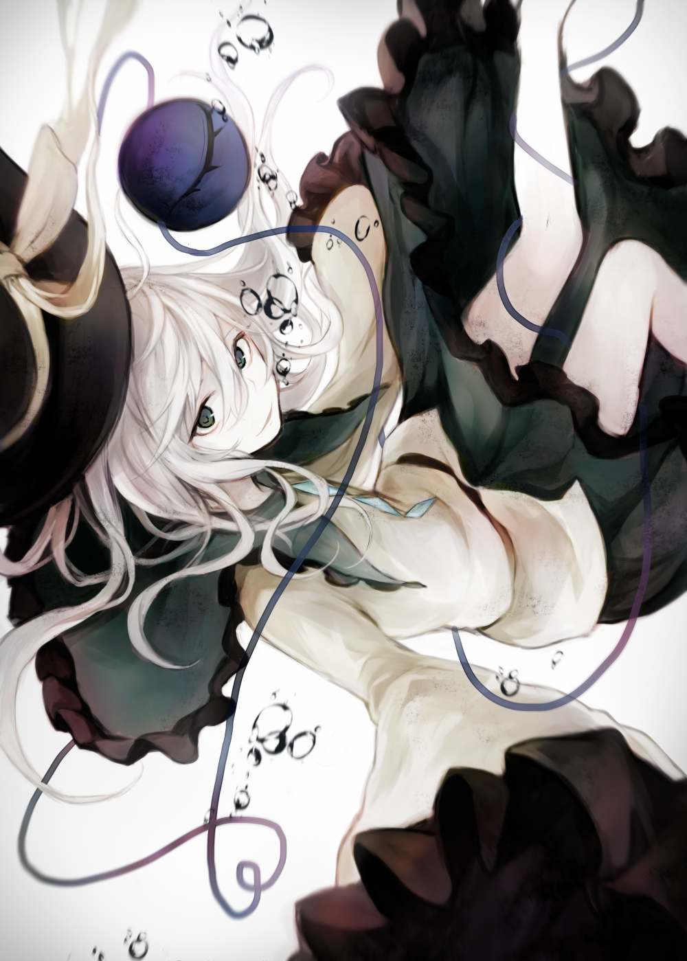 1girl bare_legs black_hat blouse bubble buttons closed_mouth commentary diamond_button eyebrows_hidden_by_hair feet_out_of_frame floating_hair frilled_shirt_collar frilled_skirt frilled_sleeves frills green_eyes green_skirt hair_between_eyes hasunokaeru hat hat_ribbon heart heart_of_string highres komeiji_koishi light_green_hair long_hair long_sleeves looking_at_viewer ribbon shirt simple_background sinking skirt smile solo third_eye touhou tsurime white_background wide_sleeves yellow_ribbon yellow_shirt