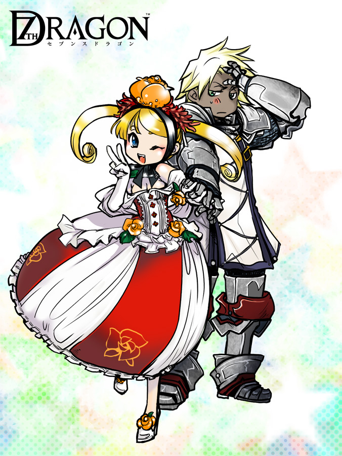 1boy 1girl 7th_dragon 7th_dragon_(series) arm_up blonde_hair corset dress flower gauntlets grion_(7th_dragon) knight knight_(7th_dragon) long_sleeves looking_at_viewer one_eye_closed princess_(7th_dragon) red_dress sora_(7th_dragon) standing swept_bangs twintails wink