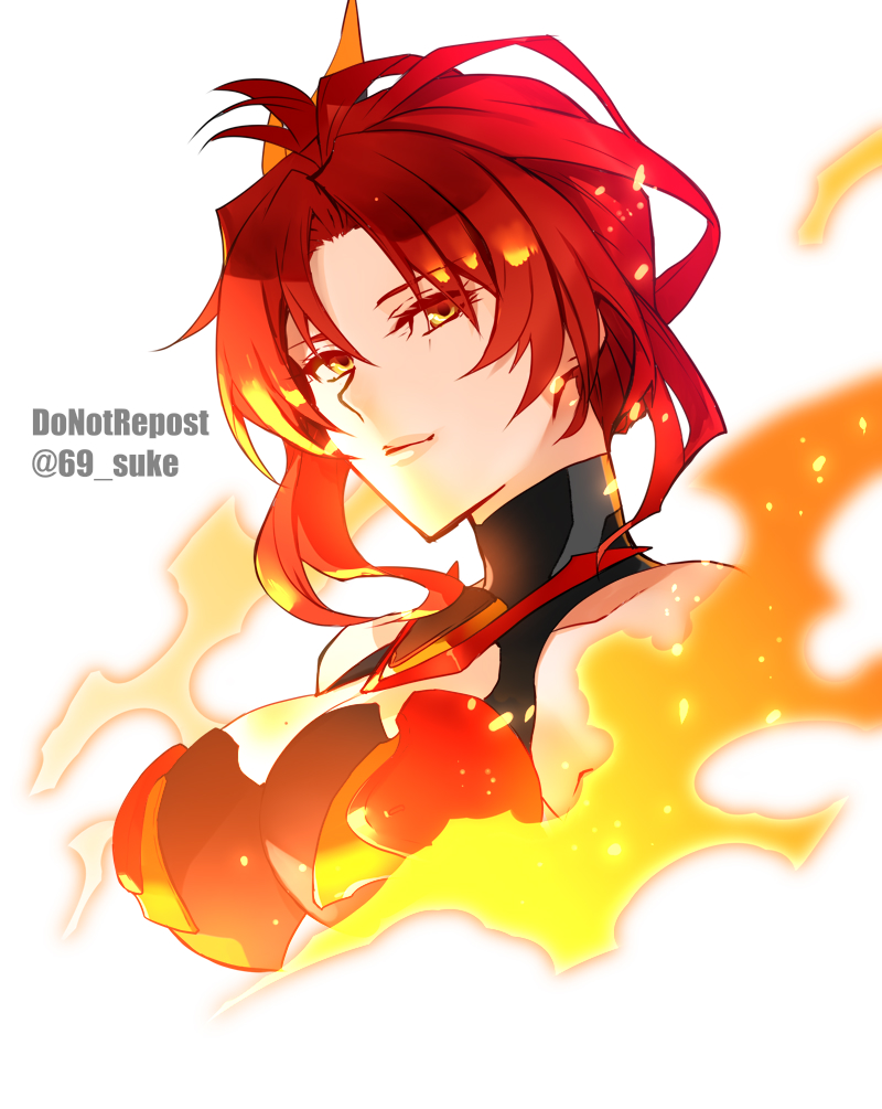 1girl armored_leotard artist_name bare_shoulders breasts cleavage closed_mouth fire honkai_(series) honkai_impact_3rd kaneaki_mukku leotard lips looking_at_viewer mole mole_on_breast murata_himeko murata_himeko_(vermillion_knight) red_hair simple_background solo white_background yellow_eyes