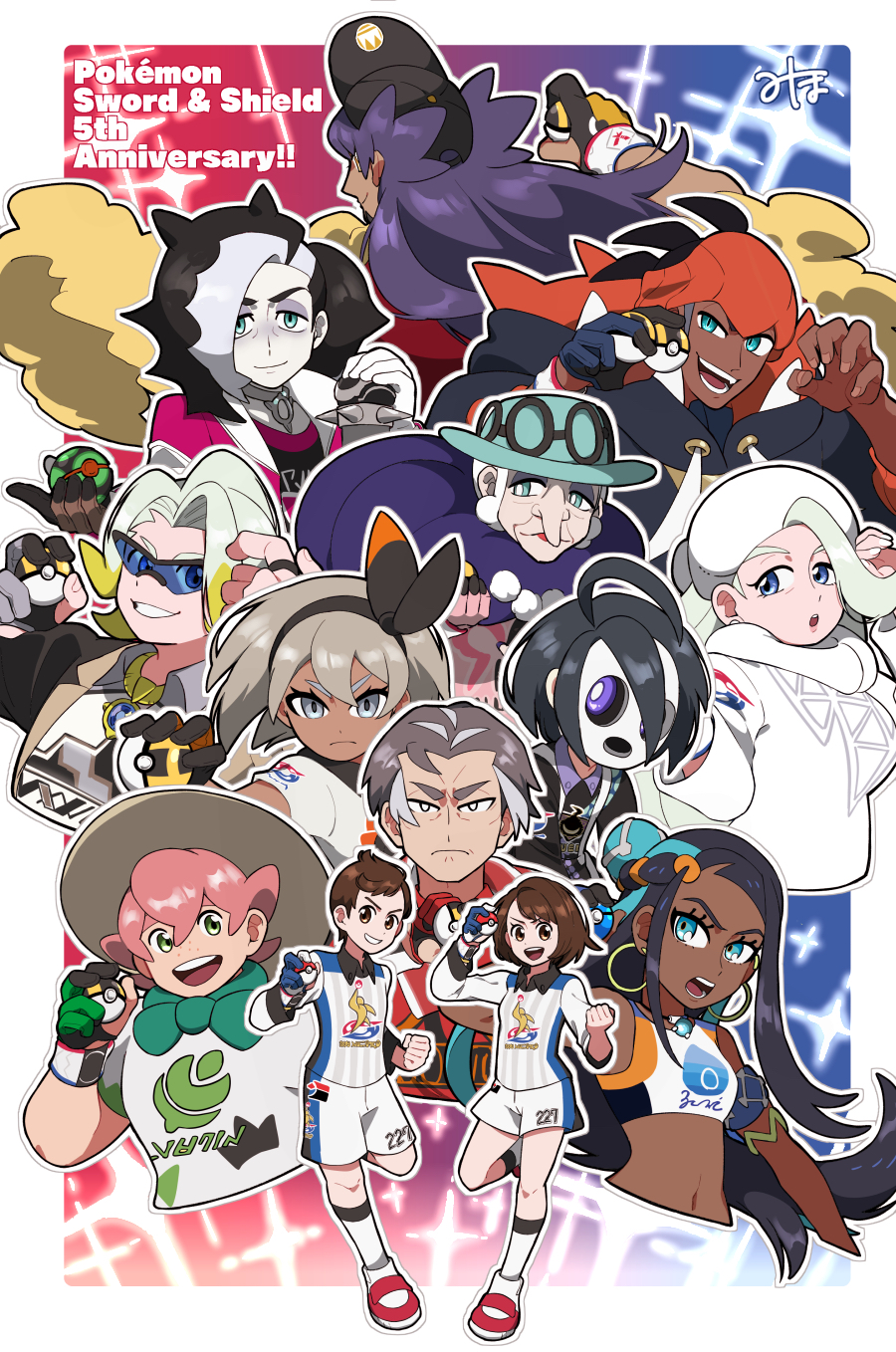 5girls 6+boys :d ahoge allister_(pokemon) anniversary bea_(pokemon) black_hair bow_hairband closed_mouth collared_shirt commentary_request copyright_name dark-skinned_female dark_skin dynamax_band earrings eyeshadow gloria_(pokemon) gloves gordie_(pokemon) green_eyes grin hairband hat highres holding holding_poke_ball hoop_earrings jacket jewelry kabu_(pokemon) leon_(pokemon) long_hair makeup mask melony_(pokemon) miho_(3ho_4172) milo_(pokemon) multiple_boys multiple_girls nessa_(pokemon) nintendo opal_(pokemon) open_clothes open_jacket open_mouth outline partially_fingerless_gloves piers_(pokemon) pink_hair poke_ball pokemon pokemon_swsh raihan_(pokemon) shirt single_glove smile sunglasses teeth tongue ultra_ball upper_teeth_only victor_(pokemon) white_gloves white_hat
