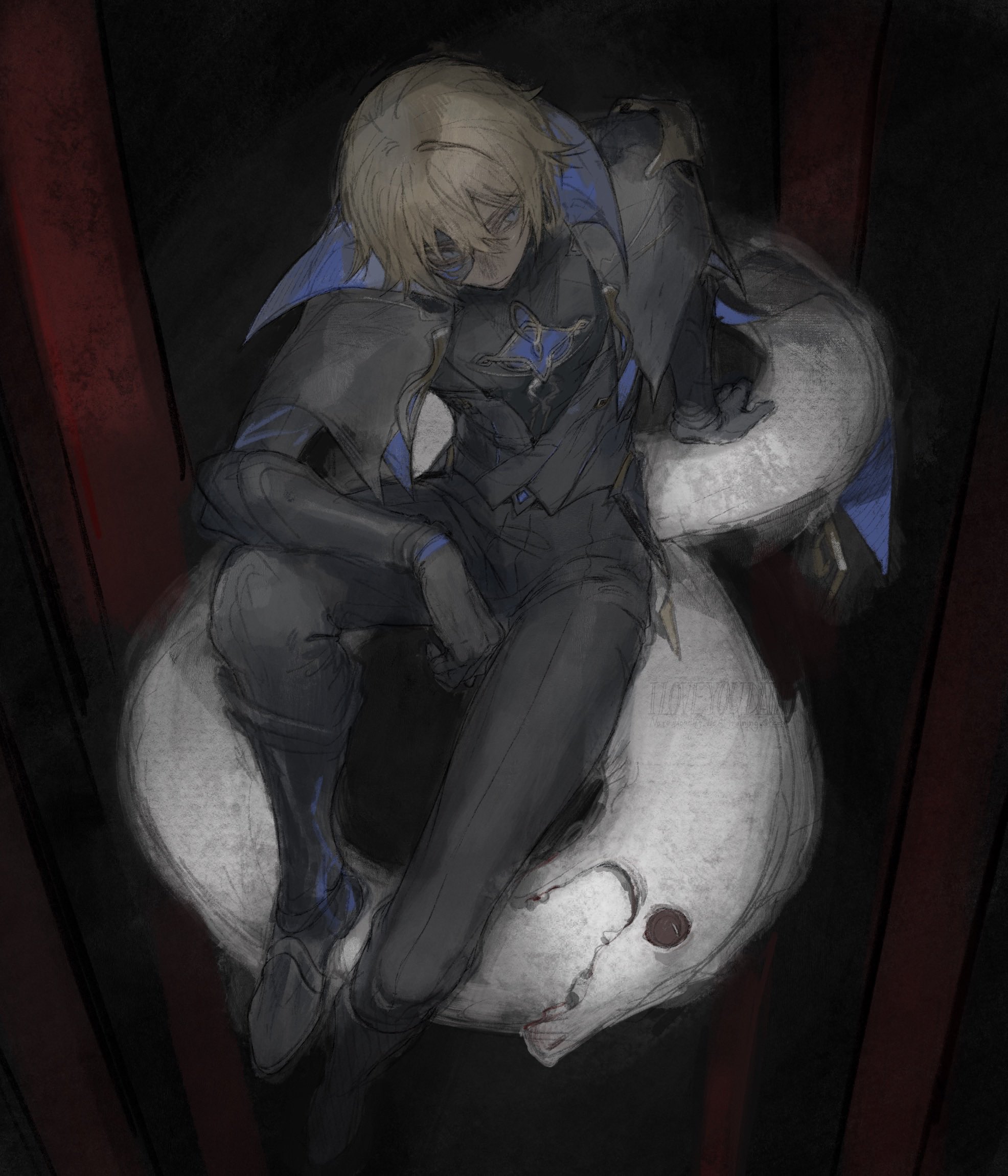 1boy black_boots black_cape black_gloves black_jacket black_pants black_vest blonde_hair blue_eyes boots cape closed_mouth dainsleif_(genshin_impact) genshin_impact gloves highres jacket kaimochi0839 looking_to_the_side ouroboros pants sitting snake solo vest