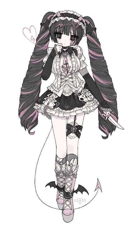 1girl apron black_dress black_eyes black_hair boots breasts closed_mouth demon_girl demon_horns demon_tail dress drill_hair frilled_dress frills full_body hair_ornament holding holding_knife horns knife long_hair medium_breasts necktie original pink_boots pink_hair pink_necktie solo tail thigh_strap twin_drills u_emper very_long_hair white_apron wing_hair_ornament winged_footwear