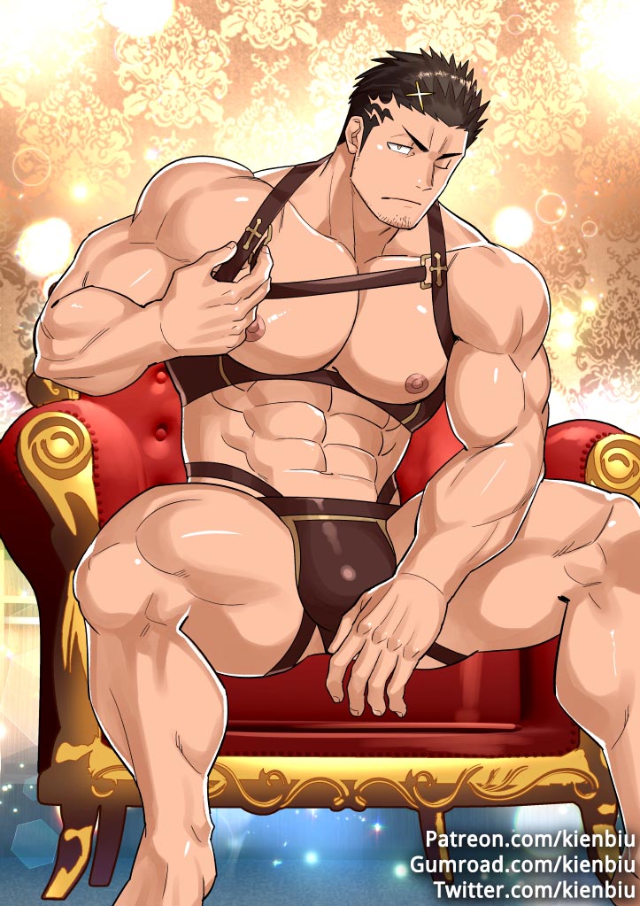 1boy abs bara bare_pectorals black_hair bulge chest_harness facial_hair feet_out_of_frame harness jockstrap kienbiu large_pectorals male_focus male_underwear muscular navel nipples official_alternate_costume paid_reward_available pectorals revealing_clothes short_hair sideburns solo stubble thick_thighs thighs tokyo_houkago_summoners underwear yellow_eyes zabaniyya_(fashionista_swimsuit)_(housamo) zabaniyya_(housamo)