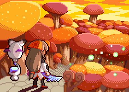 1girl bandana black_pantyhose clavat cloud cloudy_sky dagger dress dusk final_fantasy final_fantasy_crystal_chronicles forest from_behind full_body holding holding_weapon knife light_brown_hair long_hair long_hair_clavat long_sleeves low-tied_long_hair lowres moogle mushroom nature pantyhose pavement pixel_art red_footwear shadow shirokuro_(oyaji) shoes sky standing weapon white_dress