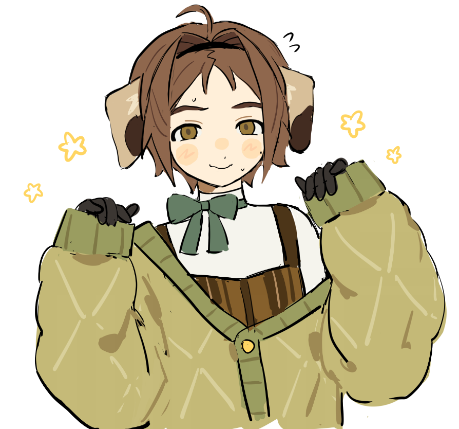 1girl ahoge animal_ears black_gloves black_hairband brown_eyes brown_hair dog_ears dog_girl flying_sweatdrops gloves hair_intakes hairband hands_up indie_virtual_youtuber long_sleeves looking_at_viewer mota_(motaberrie) motaberrie_(vtuber) short_hair simple_background sleeves_past_wrists smile solo sweat upper_body virtual_youtuber white_background