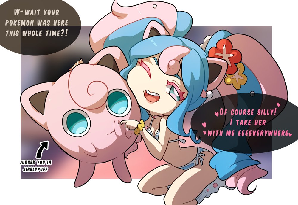1girl animal_ears aqua_eyes arrow_(symbol) bikini blue_bikini blue_hair blurry blurry_background border breasts choker cleavage collarbone colored_eyelashes commentary cosplay curly_hair empty_eyes english_commentary english_text expressionless fairy_miku_(project_voltage) finger_to_another&#039;s_cheek flower gen_1_pokemon hair_flower hair_ornament hatsune_miku heart heart_choker holding holding_pokemon jigglypuff jigglypuff_(cosplay) kinkymation kneeling leg_warmers legs light_blue_hair long_hair multicolored_bikini multicolored_hair nail_polish nintendo one_eye_closed open_mouth pink_choker pink_eyes pink_hair pink_nails pokemon pokemon_(creature) project_voltage red_flower scrunchie side-tie_bikini_bottom small_breasts smile socks speech_bubble streaked_hair striped_bikini striped_clothes swimsuit teeth thighs tongue twintails two-tone_bikini two-tone_hair upper_teeth_only vocaloid white_bikini white_border white_flower white_socks wrist_scrunchie yellow_flower yellow_scrunchie