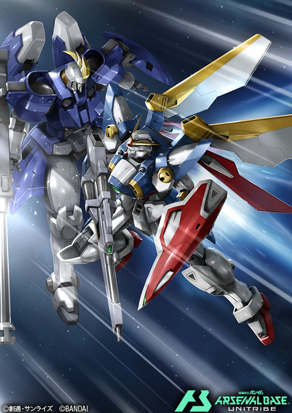 beam_cannon beam_gun buster_rifle card_(medium) commentary_request copyright_logo copyright_name copyright_notice green_visor gundam gundam_arsenal_base gundam_wing gunpla logo mecha mecha_focus mechanical_wings mobile_suit model_kit official_art robot tallgeese_ii tomo_(machinemess) v-fin wing_gundam wings