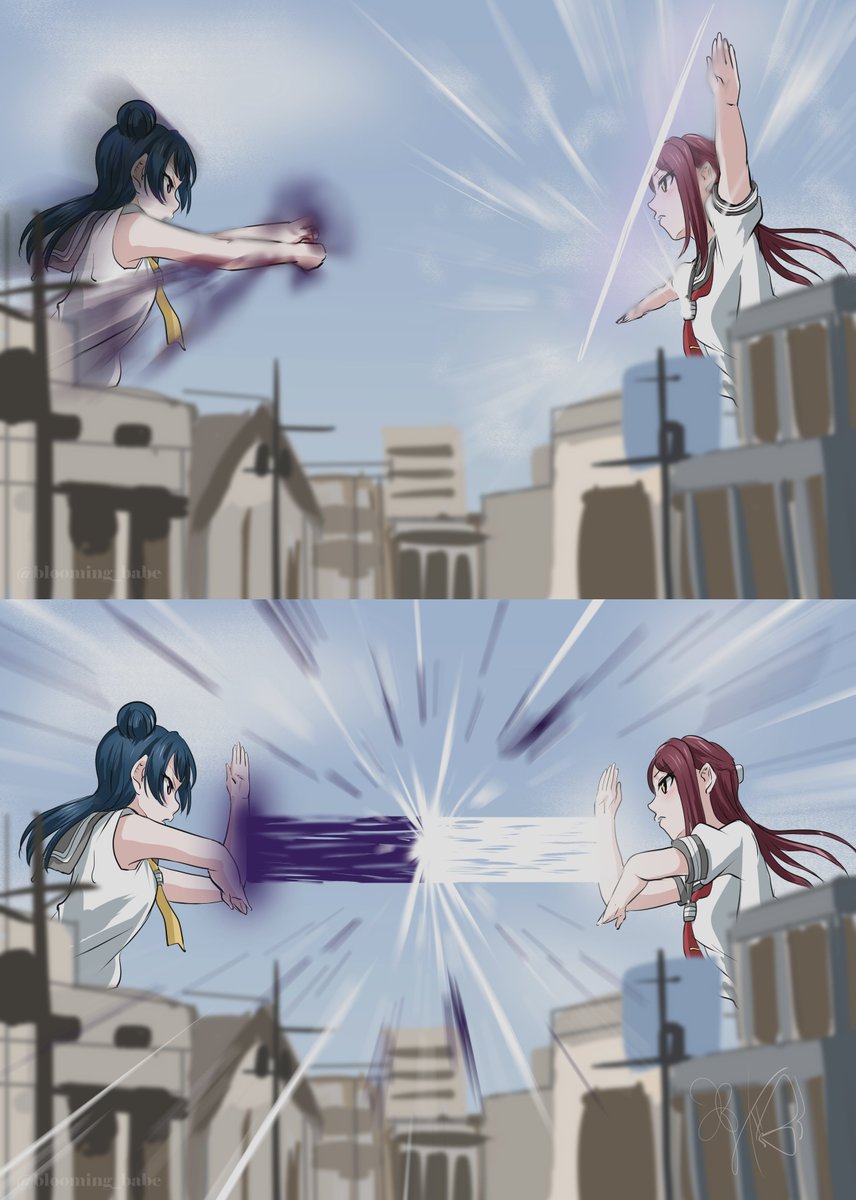 1girl beam blue_hair building charging hair_bun highres image_sample koharu_madara_(blooming_babe) love_live! love_live!_sunshine!! parody purple_eyes red_hair sakurauchi_riko school_uniform sleeveless tsushima_yoshiko twitter_sample ultra_series ultraman_tiga_(series) yellow_eyes