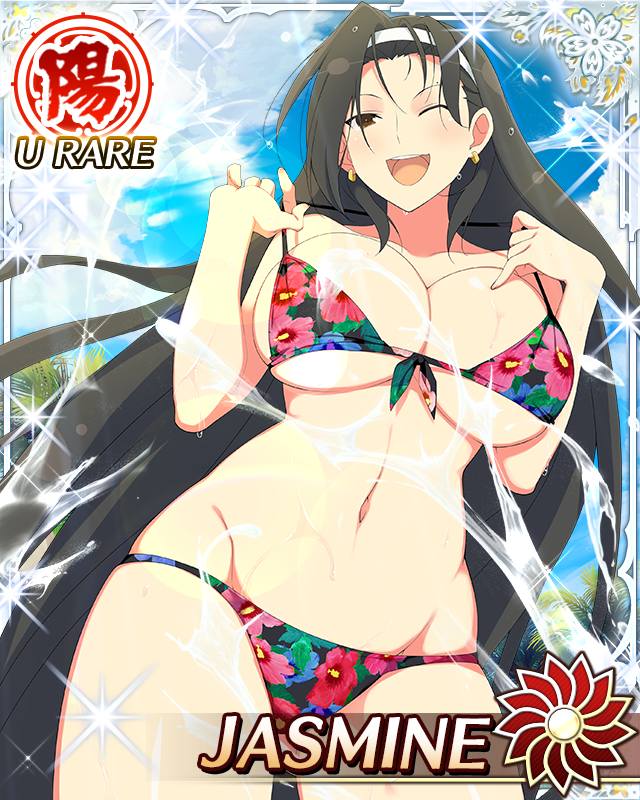 1girl :d bikini black_bikini border breasts brown_eyes brown_hair card_(medium) character_name cleavage day earrings floral_print floral_print_bikini from_below game_cg groin hairband jasmine_(senran_kagura) jewelry large_breasts mole mole_above_eye multiple_moles navel official_art one_eye_closed open_mouth outdoors parted_bangs print_bikini senran_kagura senran_kagura_new_wave short_hair smile solo splashing strap_pull swimsuit very_short_hair water white_hairband